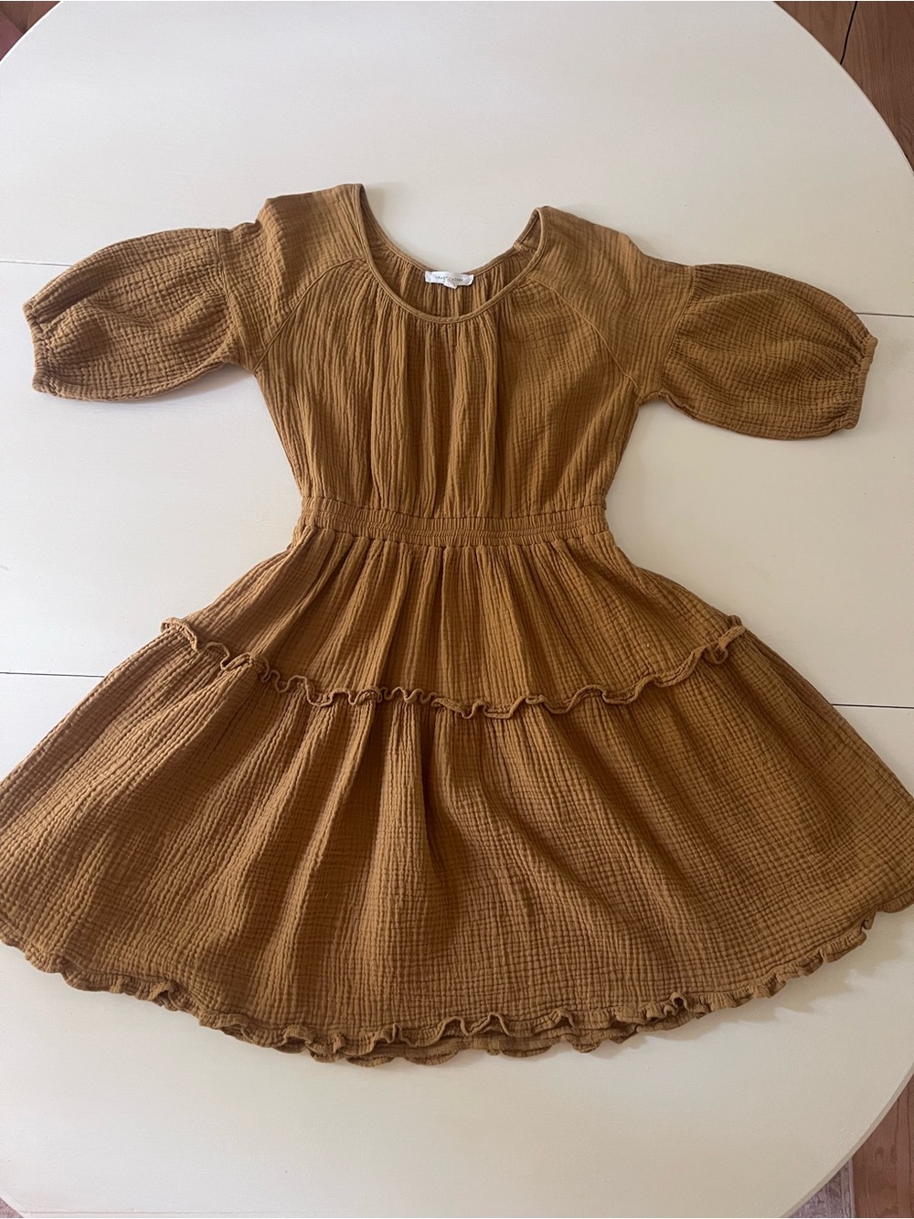 Girls Tiered Gauze Dress in Mustard Brown